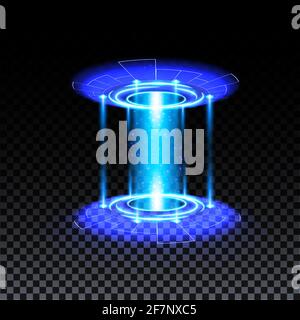 Blaues Hologramm-Portal. Magisches Fantasy-Portal. Magic Circle Teleport Podium mit Hologramm-Effekt. Vektor blau leuchten Strahlen mit Funken auf transparent Stock Vektor