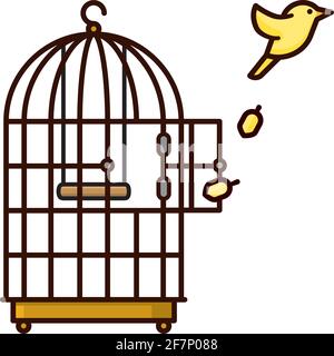 Canary Bird Flucht aus Vogelkäfig isolierte Vektor-Illustration für Freiheit Tag am 9. November Stock Vektor