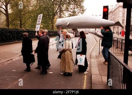 Ein aufblasbarer kleiner Pottwal wird an der japanischen Botschaft im Zentrum von London vorbeigeführt, um gegen die Nachricht zu protestieren, dass eine japanische Walzflotte am freitag den Hafen verlassen wird. An der Demonstration nahmen Modelle und politische Maßnahmen Teil. Stockfoto