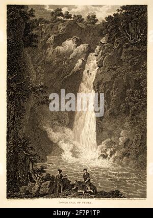 1805 Originalstich von Flyers Lower Fall am Foyers River Ende des 18. Jahrhunderts, aus 1811 Ansichten in Großbritannien, illustriert die Werke von Rob Stockfoto