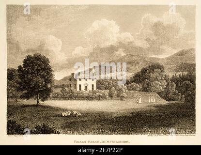 1805 Original-Stich des Friars Carse House bei Dumfries, 1771 von Robert Riddell aus 1811 Ansichten in Großbritannien gebaut, illustriert die Werke Stockfoto