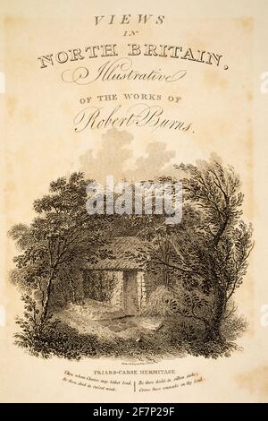 1780 Originalstich von Friars-Carse Hermitage, Dumfries, Titelseite von 1811 Ansichten in Großbritannien, illustriert die Werke von Robert Burns, Pub Stockfoto