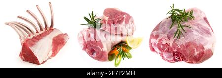 Verschiedene Raw Lammfleisch isoliert auf weißem Hintergrund - Panorama Stockfoto