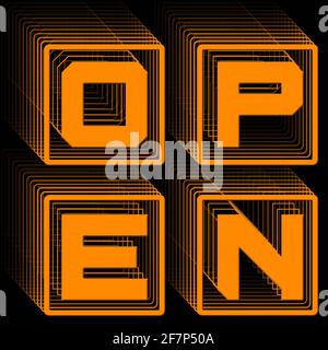 OFFEN - orangefarbener Schriftzug im Rahmen als quadratisches Logo mit Wiederholender Effekt auf schwarzem Hintergrund - 3D-Illustration Stockfoto