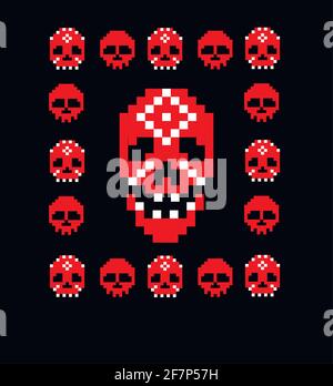 Digitale T-Shirts mit Pixel-Totenkopf und Vintage-Design Stock Vektor