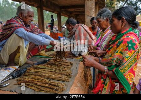 Laxmipur, Indien - Februar 2021: Männer verkaufen Tabakblätter auf dem Wochenmarkt in Laxmipur am 20. Februar 2021 in Odisha, Indien. Stockfoto