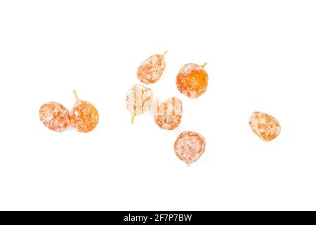 Zuckerbeschichtete Kumquats isoliert auf weißem Hintergrund, Draufsicht. Kandierte Früchte, verstreuter Haufen getrockneter Kumquats. Stockfoto