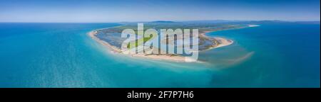 Luftaufnahme der Ebro-Mündung in das Mittelmeer im Ebro-Delta (Provinz Tarragona, Katalonien, Spanien) Stockfoto