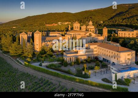 Luftaufnahme der Abtei Poblet, bei Sonnenuntergang, zwischen Weinbergen (Provinz Tarragona, Katalonien, Spanien) ESP: Vistas aéreas del Real Monasterio de Poblet Stockfoto