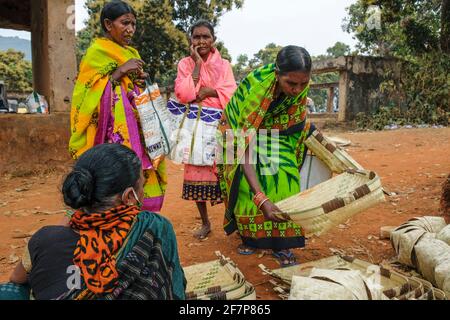 Laxmipur, Indien - 2021. Februar: Adivasi-Frauen vom Stamm Kondh kaufen am 20. Februar 2021 auf dem Laxmipur-Markt in Odisha, Indien, Rohrkörbe. Stockfoto