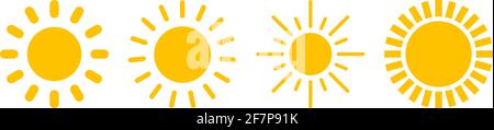 Satz von Sonnen- oder Sonnenvektorsymbolen auf einem weißen, isolierten Hintergrund. Glatte, abgerundete Balken in verschiedenen Sonnen- oder Solardesigns. Stock Vektor