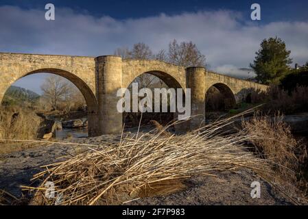 El Pont de Vilomara mittelalterliche Brücke über den Fluss Llobregat (Provinz Barcelona, Katalonien, Spanien) ESP: El puente medieval de El Pont de Vilomara Stockfoto