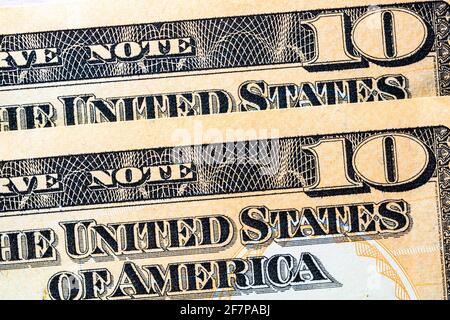 Selektiver Fokus auf Details von USD-Banknoten. Nahaufnahme von Makrodetails von US-Dollar-Banknoten. Weltgeldkonzept, Inflation und Wirtschaft conce Stockfoto