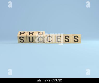 Prozess für Erfolg Konzept. Holzwürfelblock Flip über Wortprozess zum Erfolg auf blauem Studiohintergrund. Geschäftskonzept. Stockfoto