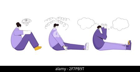 Patienten mit geistiger Störung eingestellt. Psychiatrische Störungen oder psychische Probleme. Sammlung von Charakter mit schlechter Stimmung, Stress, Trauer, Trauer, Migrain Stock Vektor