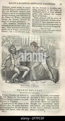 Seite aus dem Newgate-Kalender. Thomas Douglas erstochen seinen Schiffskollegen. Thomas Douglass wurde im Old Bailey wegen des Mordes an William Sparks, einem Seemann, in einem öffentlichen Haus in Wapping angeklagt. Stockfoto