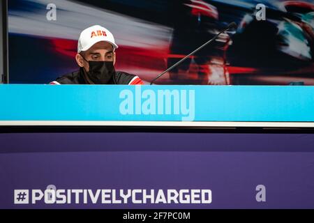 Rom, Italien. 09. Apr 2021., Circuito di Roma, ABB Formula E WM Rom: Pressekonferenz, # 23 Sebastien Buemi (SUI), Team Nissan e.Dams, links (Schweiz/Kroatien OUT) Quelle: SPP Sport Pressefoto. /Alamy Live News Stockfoto