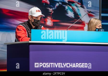 Rom, Italien. 09. Apr 2021., Circuito di Roma, ABB Formula E WM Rom: Pressekonferenz, # 23 Sebastien Buemi (SUI), Team Nissan e.Dams, links (Schweiz/Kroatien OUT) Quelle: SPP Sport Pressefoto. /Alamy Live News Stockfoto