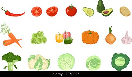 Symbole für Gemüse eingestellt. Vegetarische Essensgruppe. Eine Quelle von Vitaminen und Mineralstoffen. Gesunder Lebensstil. Erntesammlung Stock Vektor