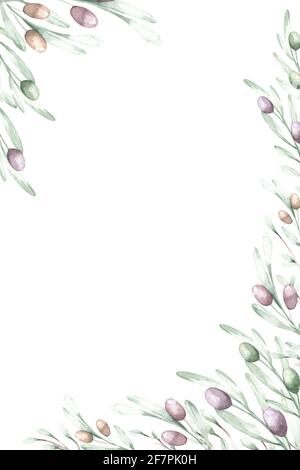 Watercolor olivfarbener Zweigkranz. Handgezeichneter natürlicher Rahmen Stockfoto