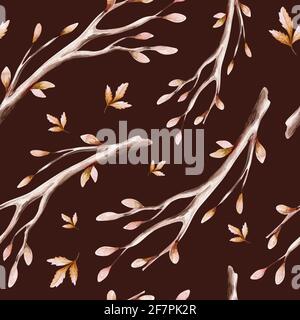 Muster aus wasserfarbenen Herbstblättern: Eiche, Ahorn, Birke, Eberesche, Esche. Landschaft mit goldenen Herbstbäumen. Gelber Blatthintergrund. Stockfoto