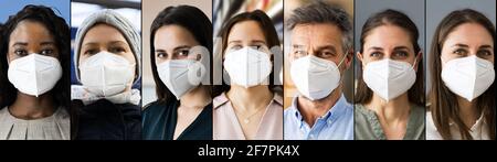 Gruppe verschiedener Menschen trägt FFP2 Gesichtsmaske Collage Stockfoto