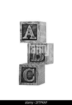 Vintage Holz Alphabet Blöcke isoliert auf weiß mit Clipping-Pfad Stockfoto