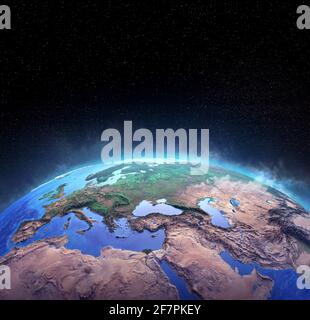 Oberfläche des Planeten Erde, hohe detaillierte Satellitenansicht der Welt aus dem Weltraum. 3D-Illustration - Elemente dieses Bildes, die von der NASA eingerichtet wurden Stockfoto