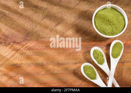 Moringa Pulver in den Löffeln und Schüssel - Moringa oleifera Stockfoto