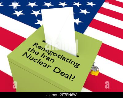 3D-Illustration der Neuverhandlung des Iran-Atomdeals? Drehbuch auf einer Wahlurne, mit US-Flagge als Hintergrund. Stockfoto