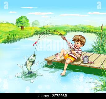 Junge Kind fischt barfuß auf dem Steg See Teich Flussufer Großer Fang Fisch Karpfen Wasser Landschaft Natur Angelschnur gespannt Aufregung überraschte Mund op Stockfoto