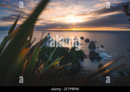 Wunderschöner Sonnenaufgang am Nugget Point Lighthouse, Neuseeland Stockfoto