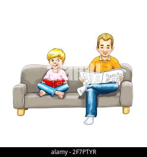 Vater Vater Vater und kleiner Junge sitzen auf der Couch und lesen Zeitung Buch Modell Nachahmung lernen, Bildung Eltern barfuß kopieren Überkreuzten Beinen Freude lachen Lächeln Stockfoto