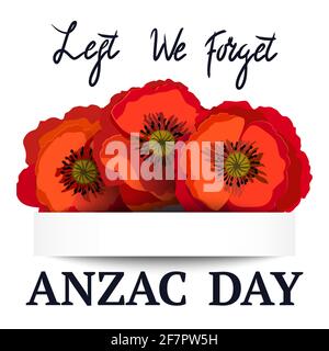 Anzac Tag Hintergrund mit roten abstrakten Mohnblumen. Gedenktag, damit wir nicht vergessen. Rote Mohnblume internationales Symbol des Friedens auf weiß. Toll für des Stock Vektor