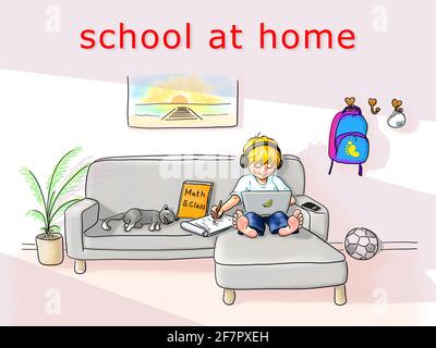 Digitales Lernen, Heimschule, Schüler, der bequem barfuß mit einem Laptop auf der Couch sitzt und lernt, Ohrstöpsel an, lächelt. Katze schläft Stockfoto