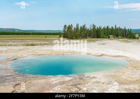 Blaues Thermalquellloch an der Grand Prismatic Spring, Midway Norris Geyser Basin, Yellowstone National Park, Wyoming, USA. Stockfoto