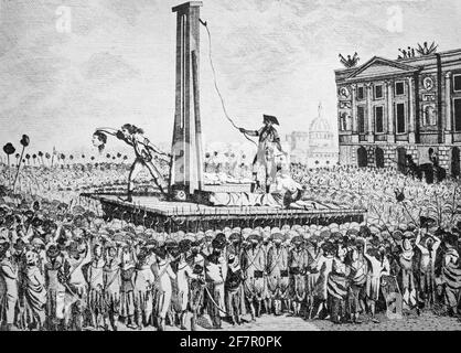 Ein Beispiel für die Hinrichtung von Ludwig XVI. (1754-1793) durch die Guillotine, einem wichtigen Ereignis der Französischen Revolution, das am 21. Januar 1793 auf dem Place de la Révolution ('Revolutionsplatz', ehemals Place Louis XV, und 1795 in Place de la Concorde umbenannt) in Paris stattfand. Während seines Prozesses am 17. Januar 1793 hatte die Nationalversammlung den König des Hochverrats in einer nahezu einhelligen Abstimmung verurteilt; während niemand für „nicht schuldig“ stimmte, enthielten sich mehrere Abgeordnete der Stimme. Schließlich verurteilten sie ihn durch eine einfache Majorität zum Tode, und die Hinrichtung wurde vier Tage später durchgeführt. Stockfoto