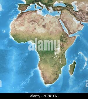 Physische Karte von Afrika, mit hochauflösenden Details. Abgeflachte Satellitenansicht des Planeten Erde und seiner Geographie - von der NASA eingerichtete Elemente Stockfoto