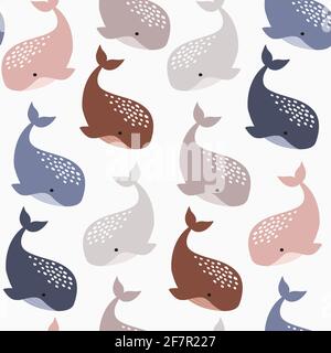 Nahtloses Muster mit Walen. Kreative handgezeichnete Textur für Stoff, Verpackung, Textil, Tapete, Bekleidung. Vektorgrafik Stockdarstellung. Stock Vektor