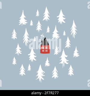 Gemütliche Hütte in einem Pinienwald-Design. Vektorgrafik Stockdarstellung. Stock Vektor