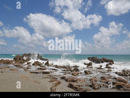 Die atlantische Flut kommt an einem Sommertag im Blowing Rocks Preserve auf Jupiter Island Florida in der Nähe von Hoba Sound in den Grafschaften Martin und Palm Beach. Stockfoto