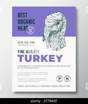 Best Organic Meat Abstract Vector Packaging Design oder Label Template. Geflügelbanner Aus Eigener Landwirtschaft. Moderne Typografie und handgezeichneter Putenkopf Stock Vektor