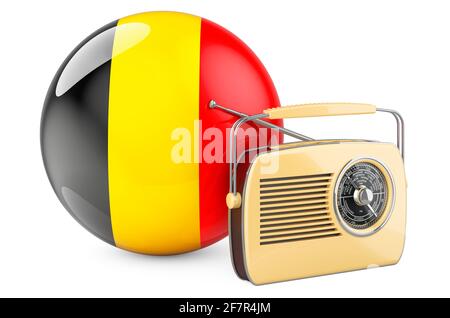 Rundfunk in Belgien Konzept. Funkempfänger mit belgischer Flagge. 3D-Rendering auf weißem Hintergrund isoliert Stockfoto