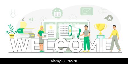 Willkommenskonzept flacher Vektor für Website, Header. Glückliche, kleine Menschen sind in der Nähe von riesigen Text. Cartoon Büro Teamarbeit und begrüßen Kunden in Online-Offi Stock Vektor