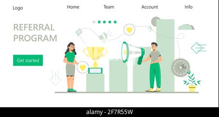 Vektor des Empfehlungsprogramms. Empfehlen Sie einen Freund Illustration des Anziehungskonzepts, Mann laut auf Megaphon mit empfehlen einen Freund Wort rufen, kann es für die Landung verwenden Stock Vektor