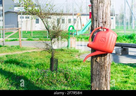 Pablic Gießkannen im Park , Bewässerung von Bäumen Stockfoto