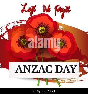 Anzac Tag Hintergrund mit roten abstrakten Mohnblumen. Gedenktag, damit wir nicht vergessen. Rote Mohnblume internationales Symbol des Friedens auf weiß. Toll für des Stock Vektor