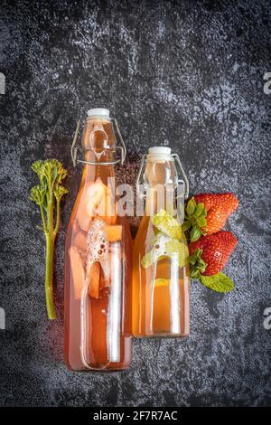 Isolierte Flaschen mit hausgemachtem Kombucha, einem Brühfruchttee mit Probiotika, Bakterien und Hefe. Zweite Gärung mit Erdbeeren und Minze mit Jahrgang Stockfoto