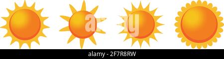 Satz von Sonnen- oder Sonnenvektorsymbolen mit Gradienten auf einem weißen, isolierten Hintergrund. Glatte, abgerundete und gezackte Balken in verschiedenen Sonnen- oder Solardesigns. Stock Vektor