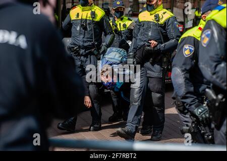 Während der Demonstration wird ein XR-Aktivist von Polizisten verhaftet.um seine Kampagne zum Frühjahrsaufstand zu beenden, organisierte die Klimagruppe Extinction Rebellion eine zivile Ungehorsam-Aktion, um die Regierung wissen zu lassen, dass sie die Klima- und Umweltkrise nicht mehr ignorieren kann. Die ersten Aktivisten versuchten, in den Binnenhof einzudringen, wo sich das Repräsentantenhaus trifft und der Premierminister arbeitet, aber die Polizei konnte das verhindern. Danach blockierten sie den Korte Vijverberg, eine Straße, die zum Binnenhof führt. Das Tor zum Binnenhof wurde anschließend durch den Pol geschlossen Stockfoto